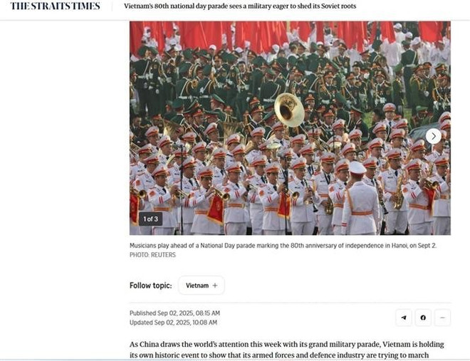 The Straits Times (Singapour) a mis l'accent sur la démonstration de modernisation des équipements militaires vietnamiens. Photo: VNA vna-potal-bao-chi-quoc-te-dua-tin-dam-net-ve-le-ky-niem-dieu-binh-dieu-hanh-80-nam-quoc-khanh-29-8252025.jpg