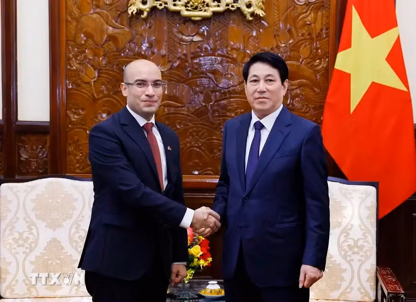 Le président Luong Cuong (droite) et l'ambassadeur d'Algérie. Photo: VNA