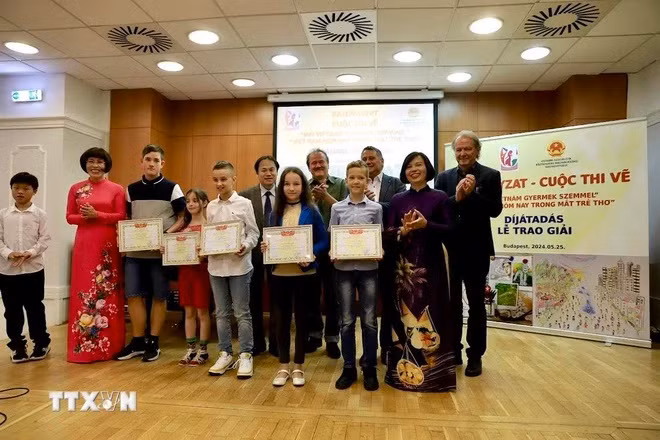 L'ambassadrice Nguyen Thi Bich Thao remet des satisfecit à six élèves lauréats et au comité d'organisation. Photo: VNA