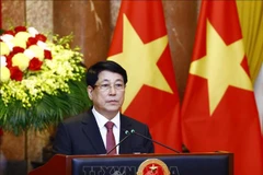 Le président Luong Cuong prend la parole lors de la réception des ambassadeurs. Photo : VNA