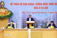 Le Premier ministre Pham Minh Chinh préside le 6 mars à Hanoï la Conférence nationale en ligne sur le règlement des difficultés et des obstacles et la promotion du développement de logements sociaux. Photo : VNA