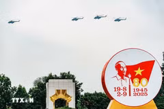 Formation d'hélicoptères survolant la place Ba Dinh. Photo : VNA