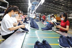 Production de chaussures pour l’exportation chez l’entreprise Hông An, implantée dans la province de Hoa Binh (Nord). Photo : VNA/CVN