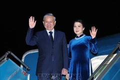 Le secrétaire général du Comité central du Parti communiste du Vietnam, Tô Lâm, et son épouse à l'aéroport international de Noi Bai. Photo : VNA