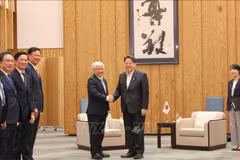 Le président du Comité central du Front de la Patrie du Vietnam, Đô Van Chiên, rencontre à Tokyo le secrétaire en chef du cabinet japonais, Hayashi Yoshimasa. Photo : VNA