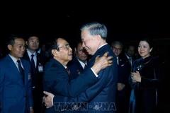 Bounthong Chitmany, permanent du Secrétariat et vice-président du Laos, a salué le secrétaire général To Lam et son épouse à l'aéroport international de Wattay, à Vientiane. Photo : VNA
