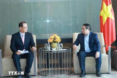 Le Premier ministre Pham Minh Chinh (droite) travaille avec le dirigeant de la Société à responsabilité limitée Hyosung Vina. Photo : VNA