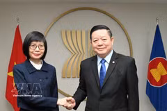 L’ambassadrice Ton Thi Ngoc Huong, cheffe de la Mission permanente du Vietnam auprès de l’ASEAN et le secrétaire général de l’ASEAN, Kao Kim Hourn, à Jakarta. Photo : VNA