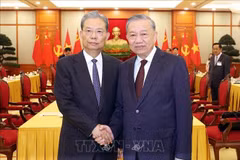 Le secrétaire général du Parti communiste du Vietnam, Tô Lâm (droite) rencontre à Hanoï, Zhao Leji, membre du Comité permanent du Bureau politique et président du Comité permanent de l’Assemblée nationale populaire de Chine. Photo : VNA