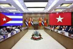 L'entretien à Hanoï entre le président de l’Assemblée nationale du Vietnam, Tran Thanh Man et le président de l’Assemblée nationale du Pouvoir populaire et du Conseil d’État de Cuba, Esteban Lazo Hernández. Photo : VNA