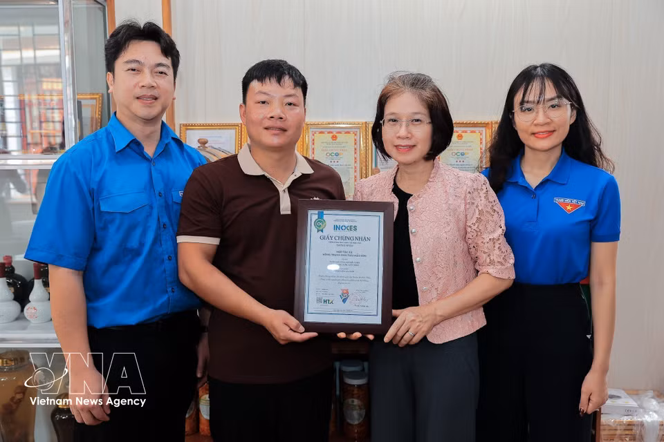 Nguyên Thi Hoai Linh, vice-présidente de l’Alliance des coopératives du Vietnam, remet le certificat de traçabilité de la plateforme hoptacxa.vn au produit « Alcool A Múi fermenté aux feuilles » de la Coopérative de la Ferme écologique de Mâu Son. Photo: VNA