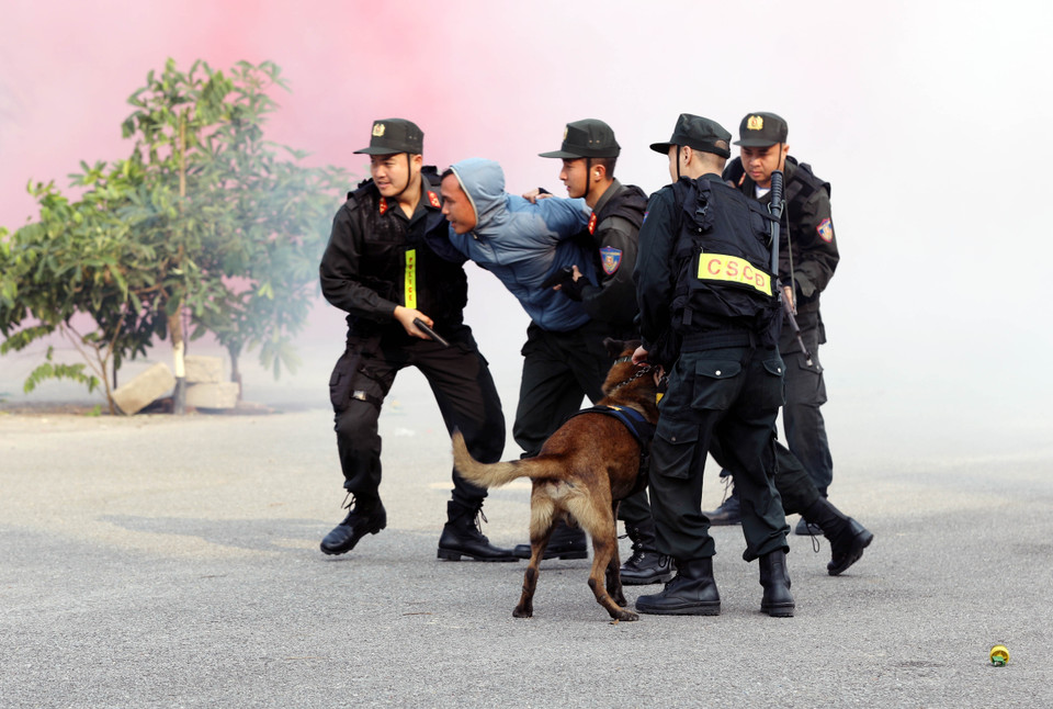 Simulation d’un assaut visant à neutraliser des criminels retranchés et à procéder à leur arrestation. (Photo : VNA)