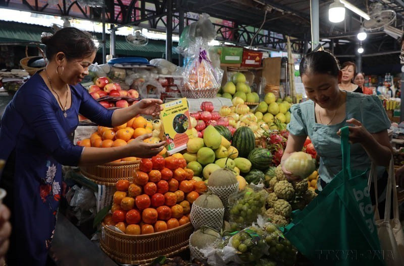 Les habitants de la ville de Huê (Centre) utilisent des sacs en tissu pour faire leurs courses au marché de Dông Ba. Photo : VNA