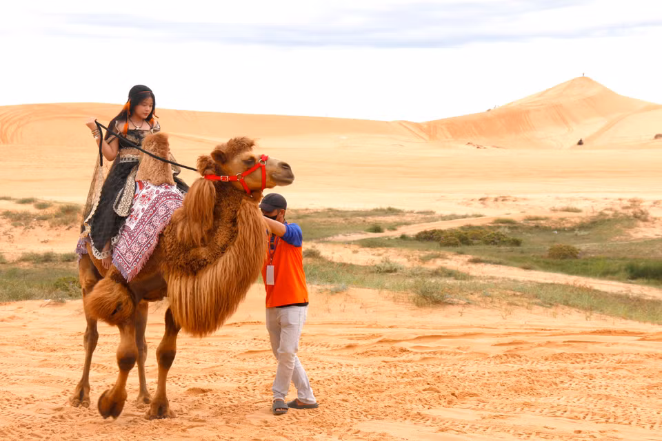 Balade à dos de chameau dans les dunes de Bau Trang (commune de Hoa Thang), dans la zone touristique nationale de Mui Ne. Photo : VNA