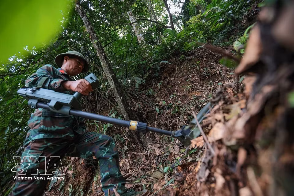 Avant le lancement des opérations de recherche dans une zone de la commune de Minh Tân susceptible d’abriter des restes de soldats tombés pour la Patrie, Lê Văan Quyet ouvre la voie en inspectant minutieusement le terrain à l’aide d’un détecteur. Photo : VNA