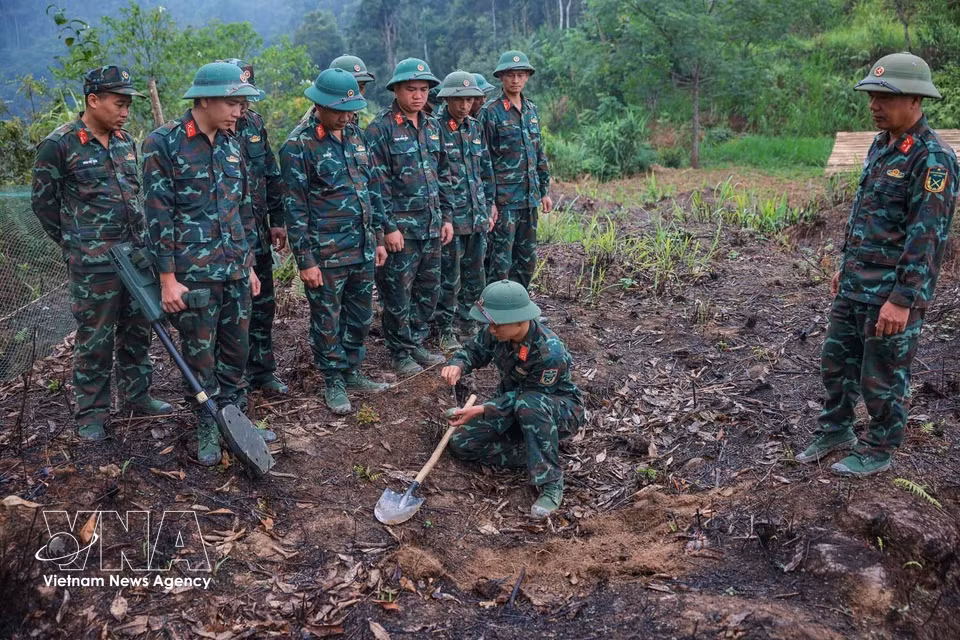 Les membres de l’équipe chargée de la recherche et du rapatriement des restes des soldats tombés pour la Patrie utilisent des détecteurs de mines afin de s’assurer que la zone d’intervention est totalement sécurisée avant le lancement des opérations de recherche.Photo : VNA