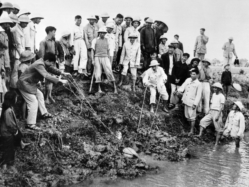 Le Président Hô Chi Minh et des paysans de la commune de Dai Thanh, province de Ha Dông, aujourd’hui Hanoï. Photo: VNA