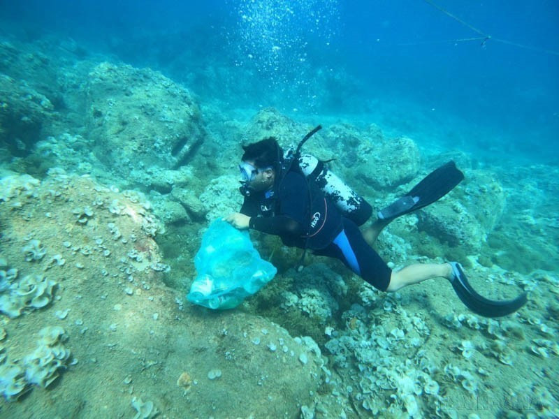 Collecte de déchets plastiques sous-marins dans la commune insulaire de Nhon Hai, ville de Quy Nhon, province de Binh Dinh (Centre). Photo : VNA