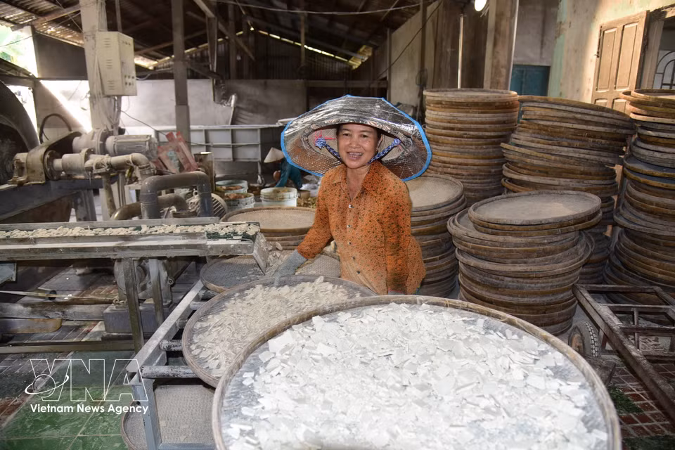 Mme Huynh Thi Hong Nga remplit un panier de farine, l'étale uniformément, puis la fait sécher au soleil. Photos : VNA