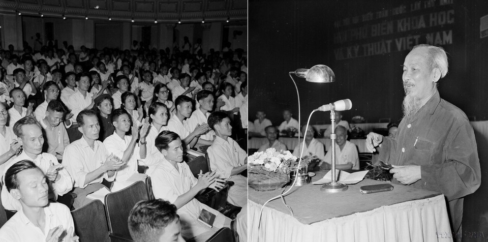 Le président Hô Chi Minh prononce un discours lors du 1er Congrès national de l'Association vietnamienne pour la diffusion de la science et de la technologie, à Hanoi, du 15 au 19 mai 1963. Photo : VNA