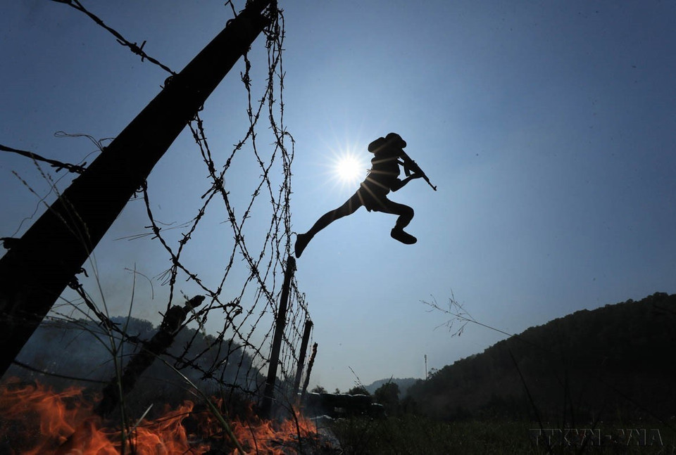 Des photojournalistes ont capturé des images saisissantes de soldats accomplissant l'exercice de la traversée du pare-feu, une épreuve d'entraînement avancée conçue pour renforcer leur esprit combatif. Cet exercice, qui consiste à franchir un mur de flammes, symbolise le courage, la détermination et la capacité à surmonter les obstacles dans des conditions extrêmes. Photo : VNA