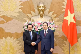 Le président de l’Assemblée nationale du Vietnam, Trân Thanh Mân (droite), rencontre à Hanoï le vice-président du Conseil des représentants régionaux d’Indonésie (chambre haute), Yorrys Raweyai. Photo : VNA