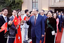 Le secrétaire général du Parti communiste du Vietnam et président vietnamien To Lam et son épouse rencontrent la communauté vietnamienne en Chine. Photo : VNA