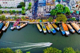 Des bateaux de fleurs ornementales venus de l'Ouest se rassemblent au quai de Binh Dông plusieurs jours avant le Têt. Photo : CVN