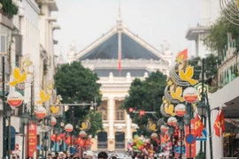 Des touristes étrangers dans la rue Trang Tien à Hanoï. Photo : VNA