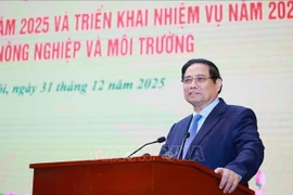 Le Premier ministre Pham Minh Chinh prend la parole à la conférence de bilan des activités de 2025 et de la période 2021-2025 et de déploiement des missions pour 2026 du secteur de l’agriculture et de l’environnement. Photo : VNA