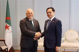 Le vice-Premier ministre et ministre des Affaires étrangères Bui Thanh Son (droite) et le ministre algérien des Moudjahidine (anciens combattants) et des Ayants droits, Laid Rebiga à Hanoï. Photo : VNA