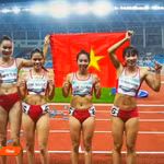 Dans la finale du 4x400 m féminin, le quatuor composé de Hoang Thi Minh Hanh, Quach Thi Lan, Nguyen Thi Hang et Nguyen Thi Ngoc a livré une prestation de haut niveau pour franchir la ligne d’arrivée en tête en 3 min 31 s 16. Photo: Fédération vietnamienne d’athlétisme