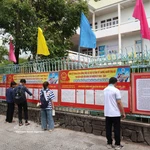 Des étudiants de l'Université de Da Nang lisent des informations des candidats. Photo: VNA