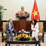 La vice-ministre des Affaires étrangères, Lê Thi Thu Hang, et le directeur d’Asie et d’Océanie du ministère français de l’Europe et des Affaires étrangères, Benoît Guidée, à l’occasion de sa visite de travail dans le cadre de la deuxième consultation politique bilatérale Vietnam–France. Photo: VNA