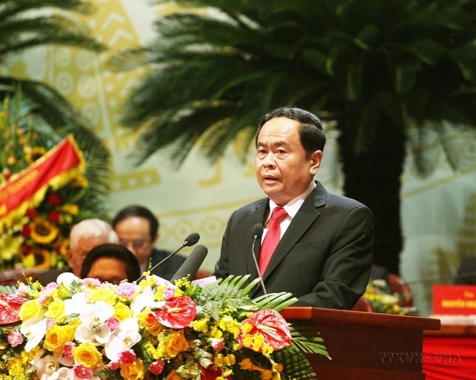 Tran Thanh Man, secrétaire du Comité central du Parti et président du Comité central du Front de la Patrie du Vietnam pour le 8e mandat, prononce le discours d'ouverture du 9e Congrès national du Front de la Patrie du Vietnam pour le mandat 2019-2024. Photo: VNA