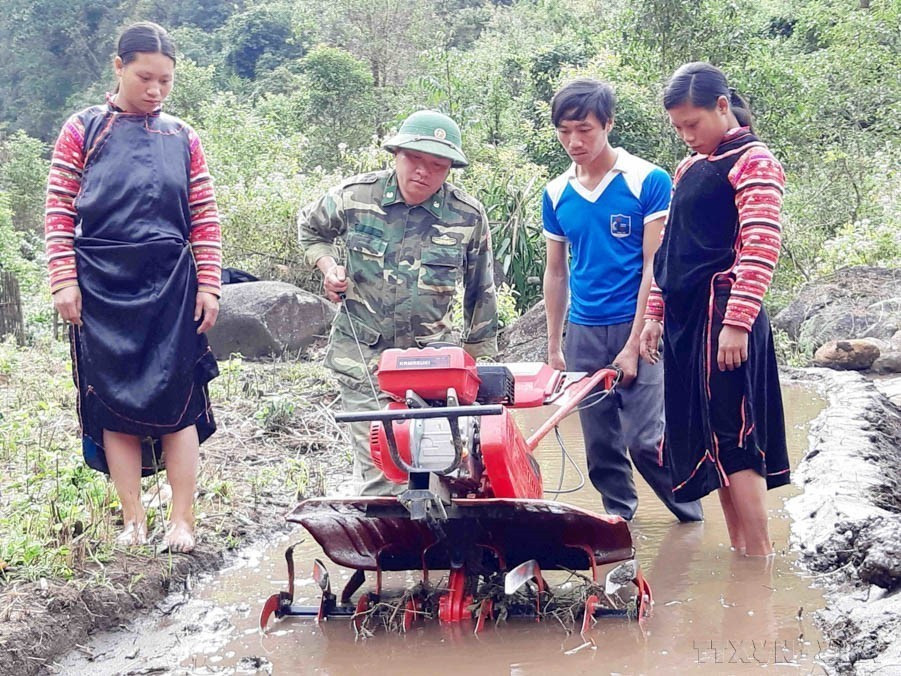 Grâce à l'expertise des soldats de la garde-frontière de Lai Chau, les agriculteurs de la région améliorent leurs pratiques culturales en adoptant de nouvelles techniques, comme l'utilisation de la charrue. Photo : Cong Tuyen-VNA