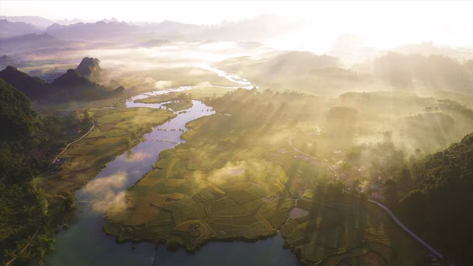 La rivière Quay Son traverse les rizières prêtes à être moissonnées de la commune de Ngoc Con. Photo : Vietnam Illustré