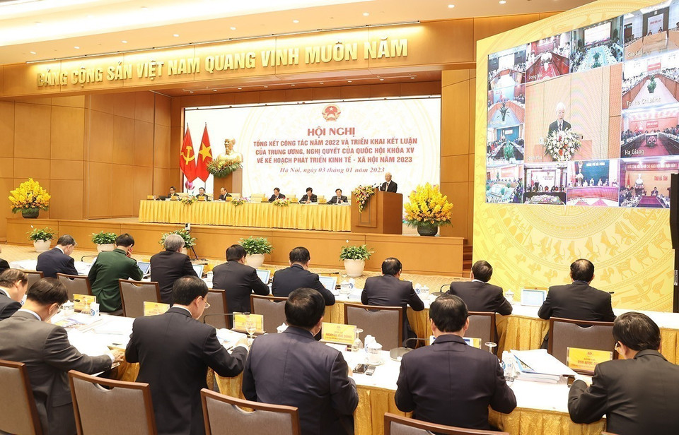 Le secrétaire général du Parti Nguyen Phu Trong à la Conférence pour mettre en œuvre le Plan de développement socio-économique en 2023, le 3 janvier 2023. Photo: VNA