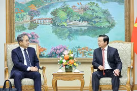 Le vice-Premier ministre Tran Hong Ha (droite) reçoit Yamada Takio, conseiller du ministère japonais des Affaires étrangères et ambassadeur chargé de la Communauté asiatique zéro émission (AZEC) du gouvernement japonais. Photo: VNA