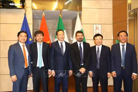 L'ambassadeur du Vietnam en Italie, Duong Hai Hung (3e à partir de la gauche), et le vice-président de la région Émilie-Romagne, Alessio Mammi (3e à partir de la droite), et des délégués à la conférence. Photo: VNA