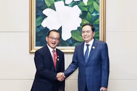 Le président de l'Assemblée nationale Tran Thanh Man (droite) rencontre le président du Parlement de Singapour, Seah Kian Peng, en marge de l'Assemblée générale de l'AIPA-45 au Laos. Photo: VNA