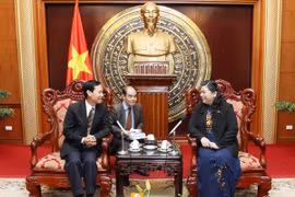 La vice-présidente de l’AN vietnamienne, Mme Tong Thi Phong et le président de la Commission des Affaires culturelles et sociales, M. Phonethep Phonlsena (Source: VNA)