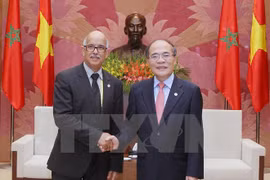 Le président de l'Assemblée nationale vietnamienne Nguyen Sinh Hung (droite), reçoit le président de la Chambre des Conseillers du Maroc, Mohamed Cheikh Biadillah. (Source : VNA)