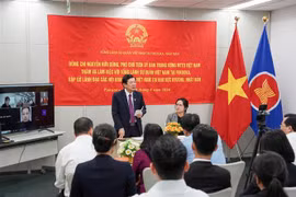 Le vice-président du Comité central (CC) du Front de la Patrie du Vietnam (FPV), Nguyên Huu Dung, rencontre des représentants d'associations vietnamiennes au Japon. Photo: VNA