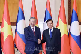 Le président vietnamien Tô Lâm (à gauche) et le secrétaire général et président lao Thongloun Sisoulith se serrent la main, à Vientiane, le 11 juillet. Photo : VNA 