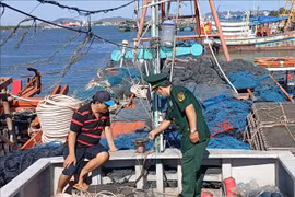 Un garde-frontières du port de Vung Tàu inspecte l’équipement de surveillance par satellite installé sur un bateau de pêche au port de Cat Lo. Photo : VNA