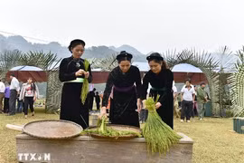 Les femmes Tày choisissent le jeune riz gluant pour fabriquer le côm. Photo: VNA