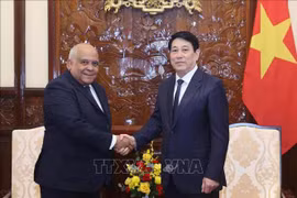 Le président Luong Cuong (à droite) serre la main de l’ambassadeur de Cuba au Vietnam Orlando Nicolás Hernández Guillén, à Hanoi, le 7 novembre. Photo: VNA