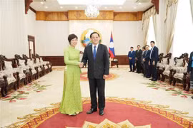  Le Premier ministre lao Sonexay Siphandone recevant la directrice générale de la VNA Vu Viêt Trang, à Vientiane. Photo: VNA