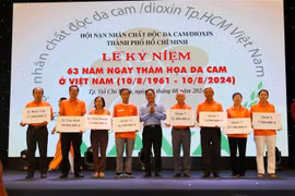 Des responsables du Front de la Patrie du Vietnam à Hô Chi Minh-Ville remettent des bourses d'études aux représentants des enfants victimes de l’agent orange. Photo: VNA 